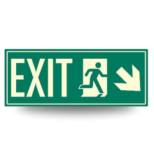 Load image into Gallery viewer, Low Proximity Photoluminescent Exit Sign Running Man (Right Down Arrow) 15&quot; x 6&quot;. Aluminum Code Approved ASTM E2072 / IBC / NFPA 101
