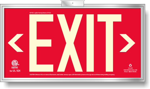Photoluminescent Exit Sign with Frame and Bracket