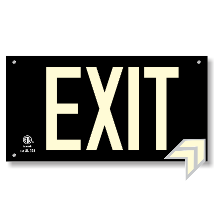 Photoluminescent Exit Sign UL 924 Black Background for wall with holes and hardware