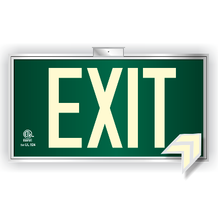 Photoluminescent Exit Sign UL 924 Green Background for ceiling frame and bracket