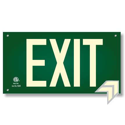 Photoluminescent Exit Sign UL 924 Green Background for wall with holes and hardware