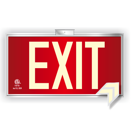 Photoluminescent Exit Sign UL 924 Red Background for wall or ceiling with Frame and Bracket
