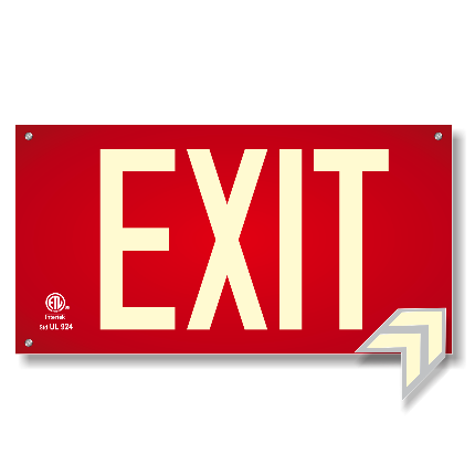 Photoluminescent Exit Sign UL 924 Red Background for wall with holes and hardware